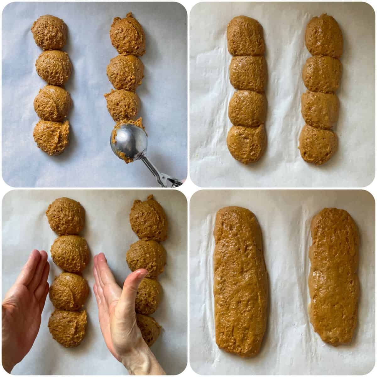 A photo collage showing how the biscotti loaves are shaped into logs.
