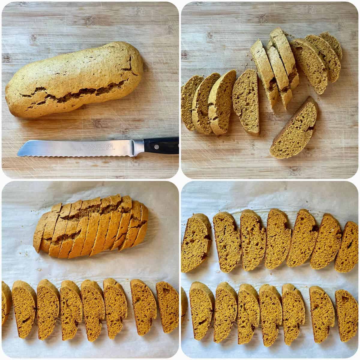 A photo collage of the pumpkin biscotti loaf being sliced and the biscotti placed on the parchment-lined cookie sheet.