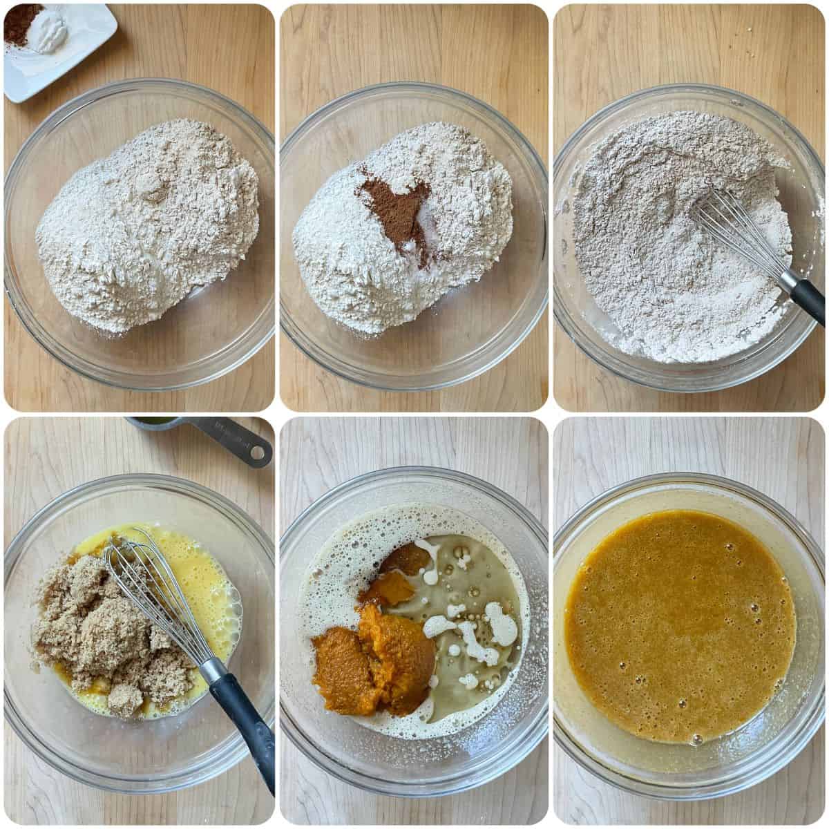 A photo collage of the dry and wet ingredients to make pumpkin biscotti.