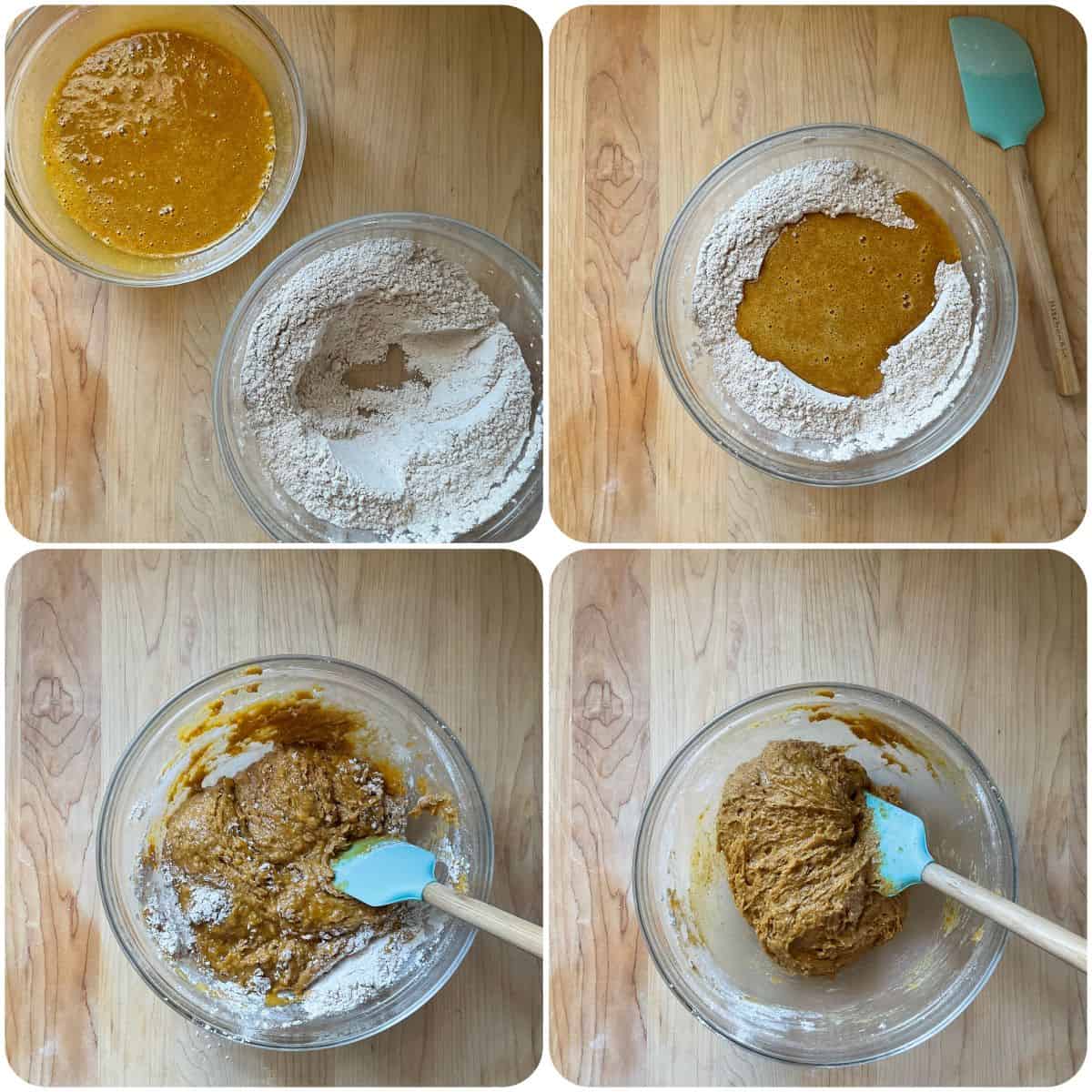 A photo collage of combining the wet and dry ingredients to make pumpkin biscotti.
