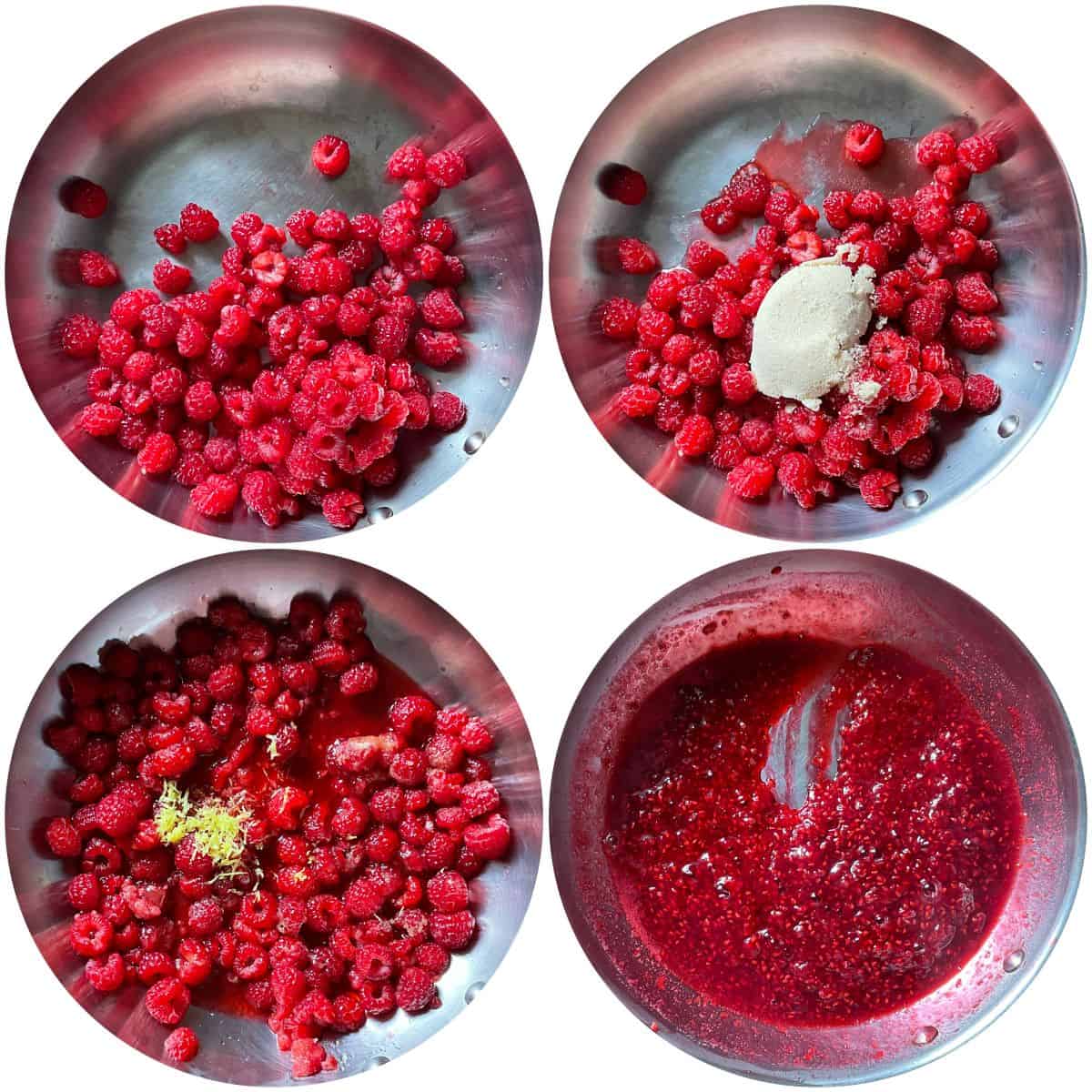 A photo collage of the process of making raspberry compote.