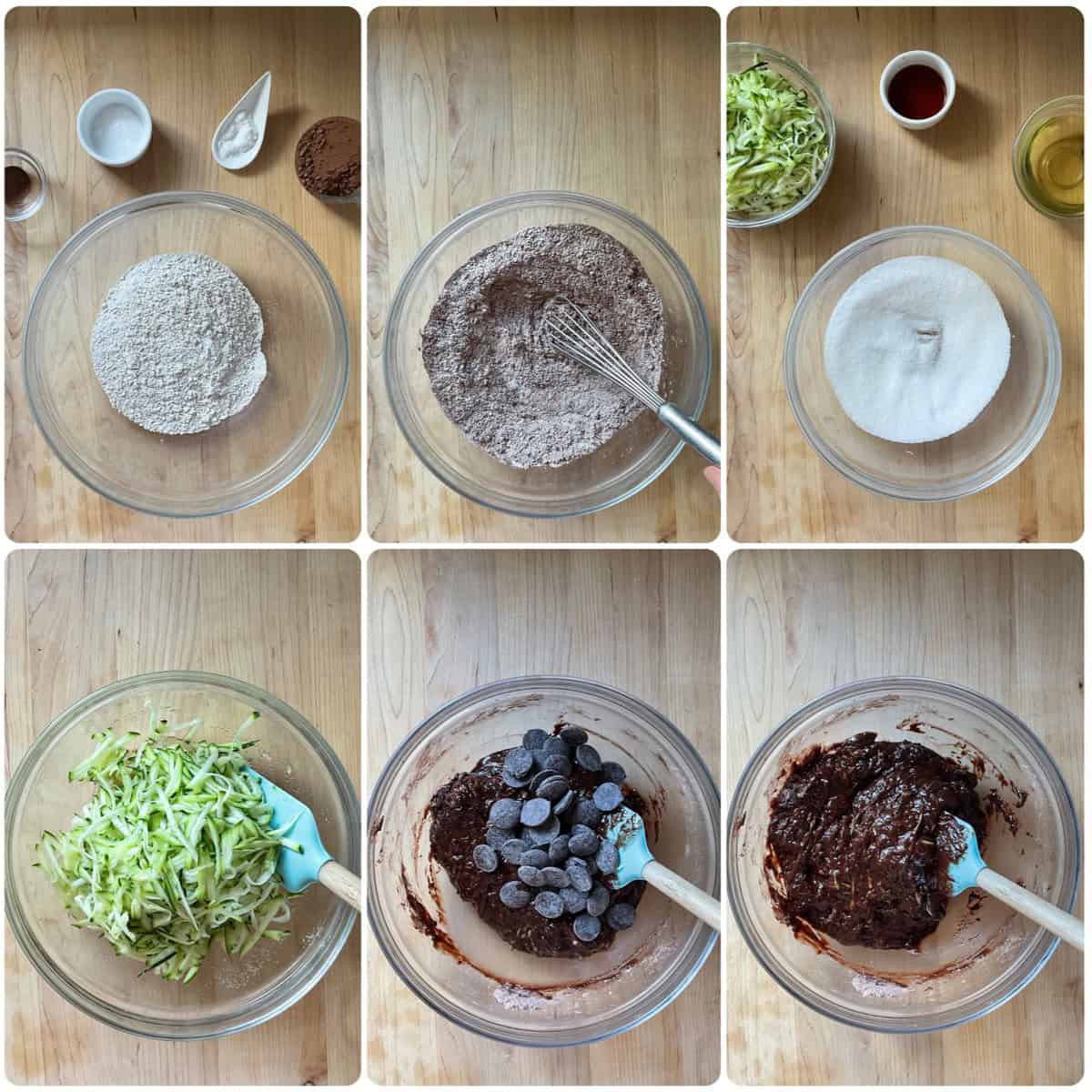 Process shots of the wet and dry ingredients being combined to make zucchini brownies.