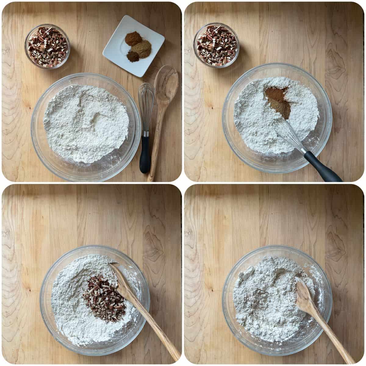 Photo collage showing flour, anise seed, cinnamon, and chopped nuts being combined together.