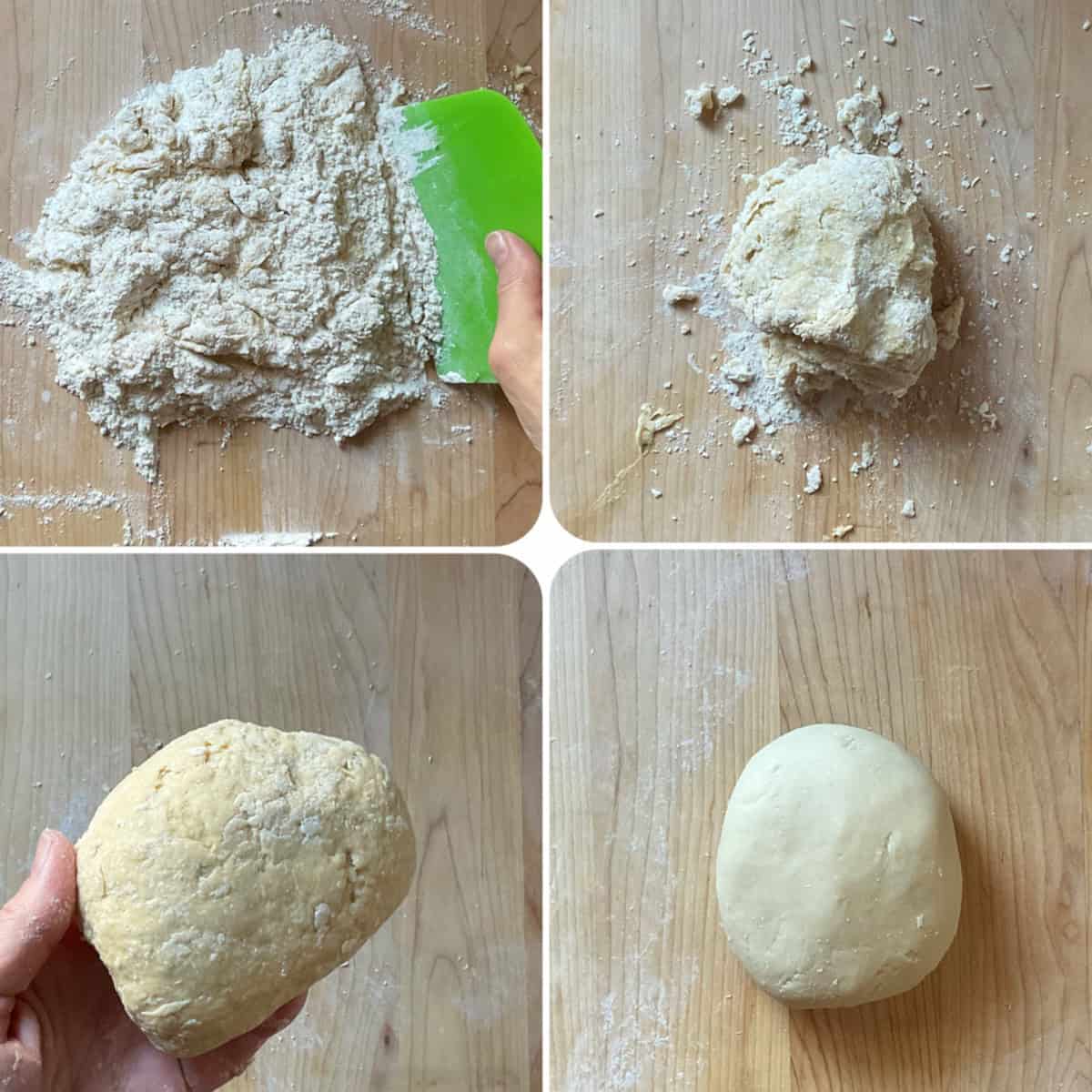 A photo collage of the 4 stages of making egg pasta dough.