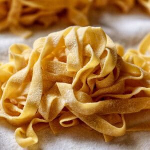 Thin ribbons of fettuccine made from traditional egg pasta dough.