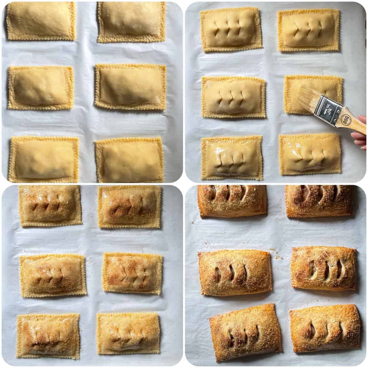 Photo collage of apple hand pies being prepared to be baked.
