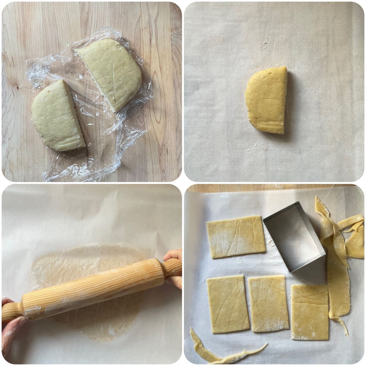 Step-by-step collage showing the pasta frolla dough being rolled and shaped into rectangles.