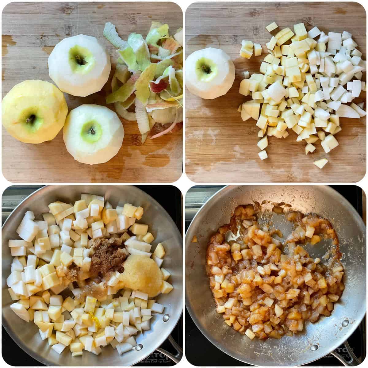 Step-by-step collage showing how to make the apple filling for the hand pies.