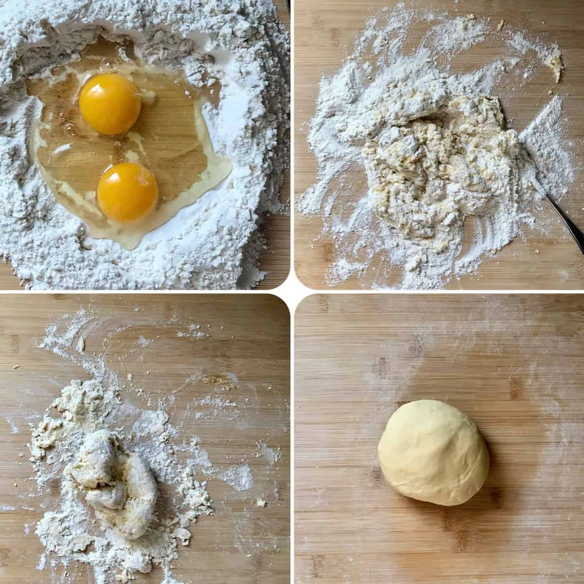 A photo collage of the process of making egg pasta dough.
