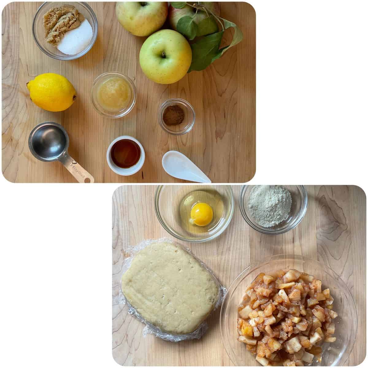 Ingredients to make apple hand pies on a wooden board.