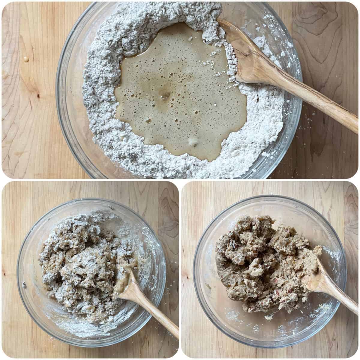 Photo collage of wet and dry ingredients being combined to make biscotti.