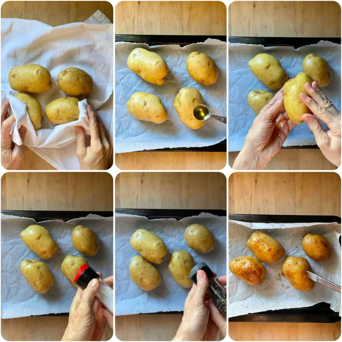 A photo collage of Yukon Gold potatoes brushed with olive oil and seasoned with salt and pepper, on a baking tray.