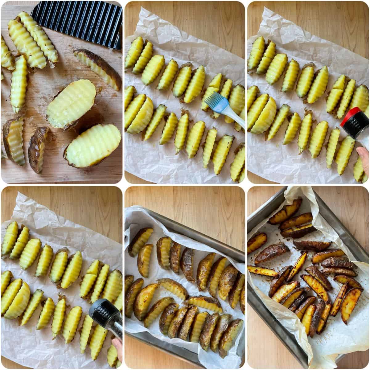 A photo collage pf sliced potato wedges on a parchment-lined sheet baked for the second time to achieve crispiness.