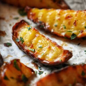 Roasted potato wedges on parchment paper.