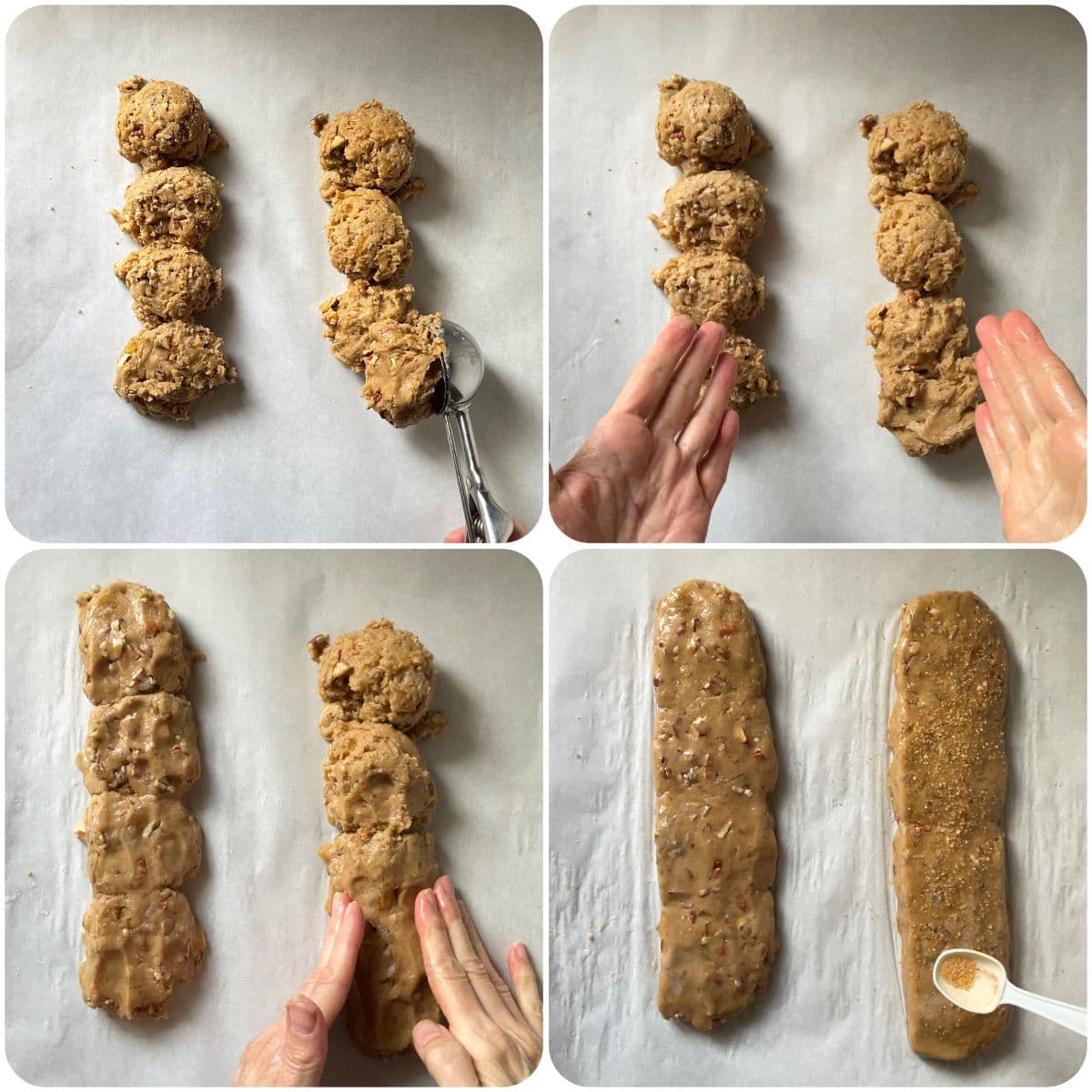 Biscotti dough shaped into logs on parchment paper.
