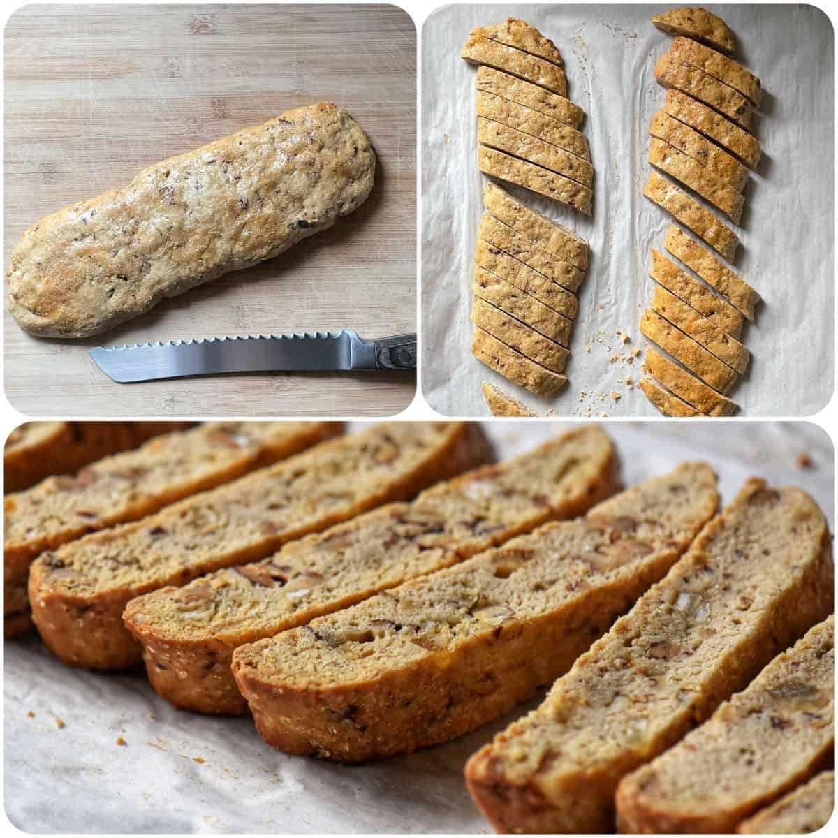 Photo collage of slicing biscotti logs.