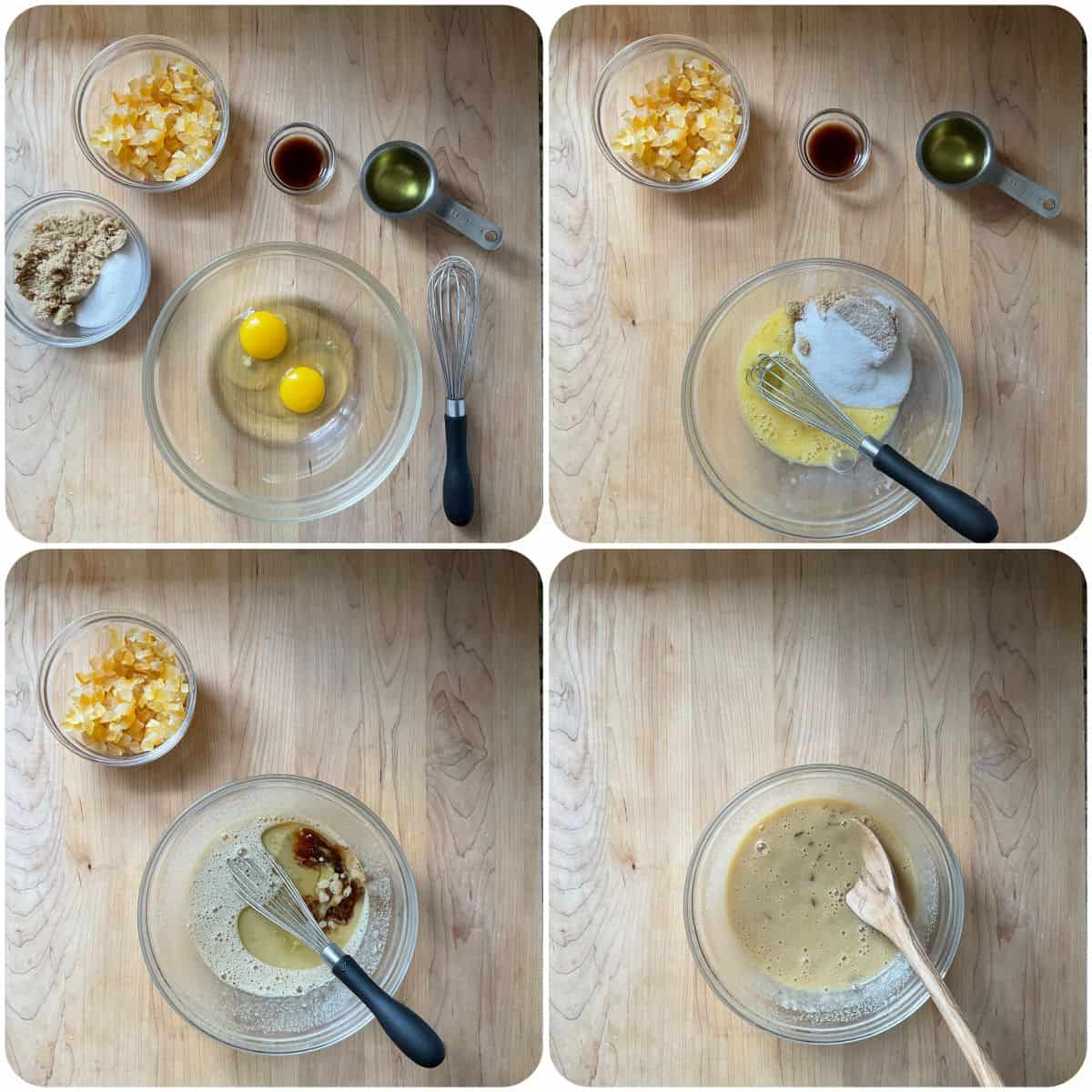 Collage showing the wet ingredients for orange anise biscotti being whisked together before adding the orange peel.