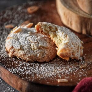 Close up photo of the soft interior texture of a bitten almond paste cookie.