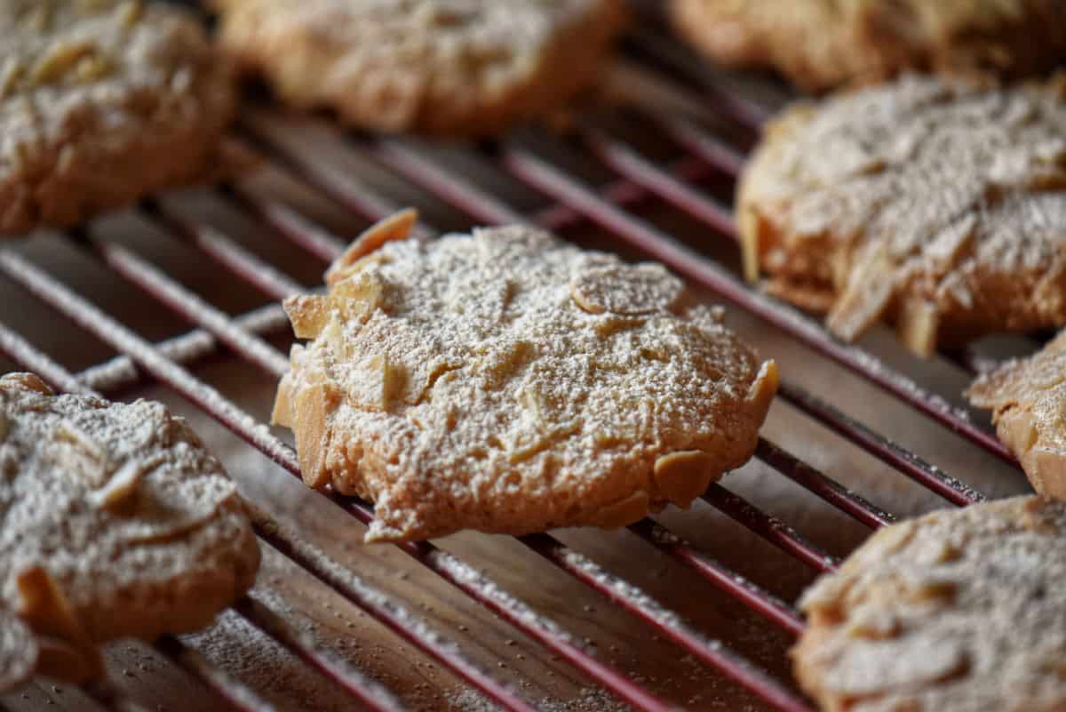 Almond cookies on a cooling rack dusted with icing sugar.