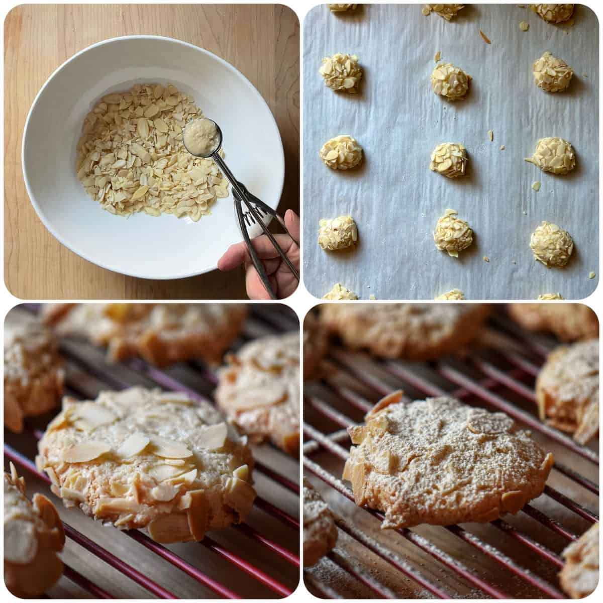 Step-by-step photo collage of the almond paste cookie preparation, from scooping the raw dough to baked almond cookies on a cooling rack.