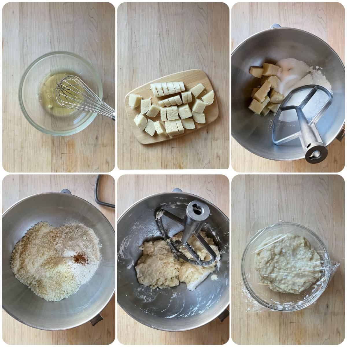 Step-by-step photo collage of almond paste cookie preparation, from raw ingredients to the soft, dough.