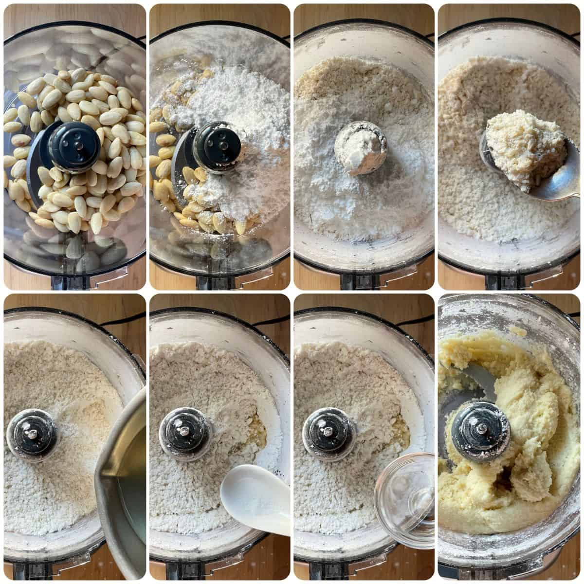 Step-by-step collage showing almonds and sugars blended in a food processor to make almond paste.
