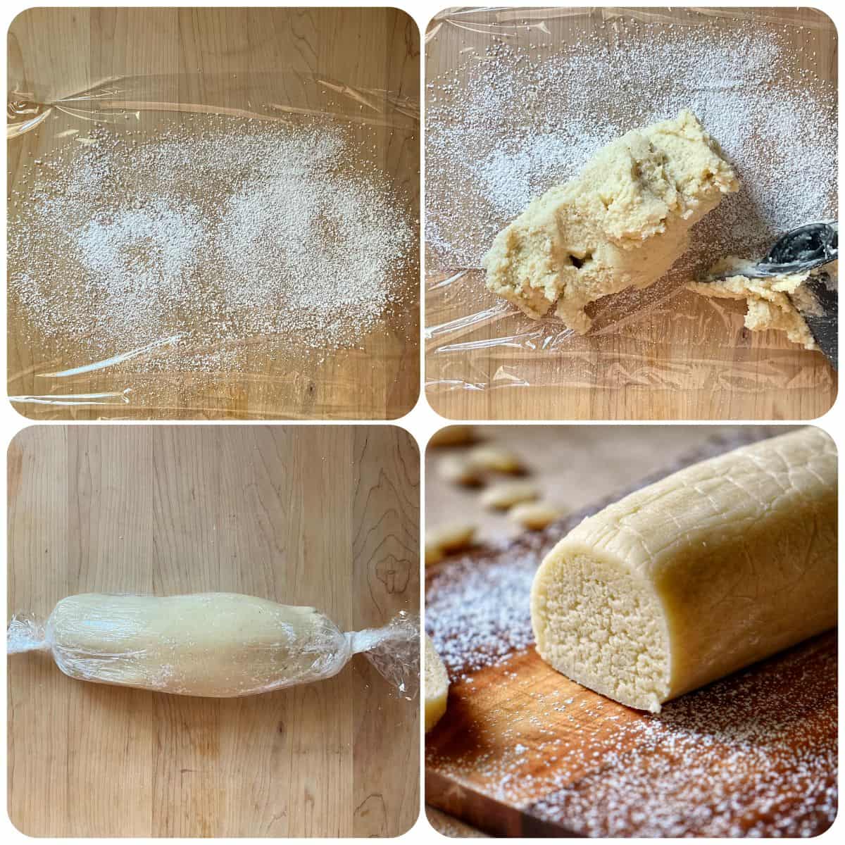 A photo collage of homemade almond paste formed into a smooth log on a wooden cutting board.