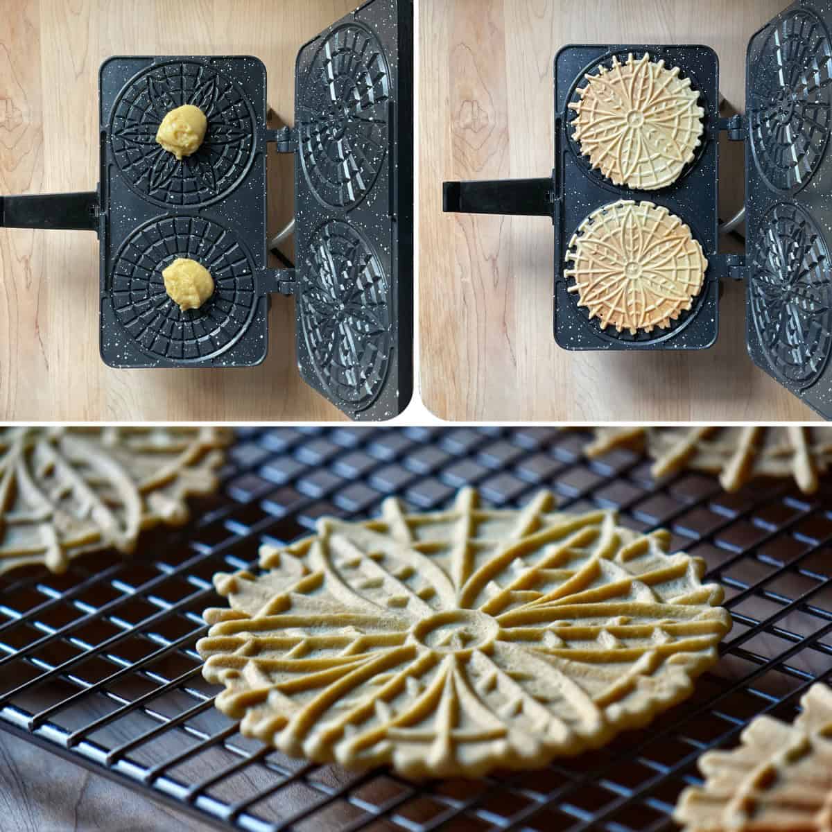 A photo collage of lemon pizzelle being made in a pizzelle iron and then cooling on a cookie rack.
