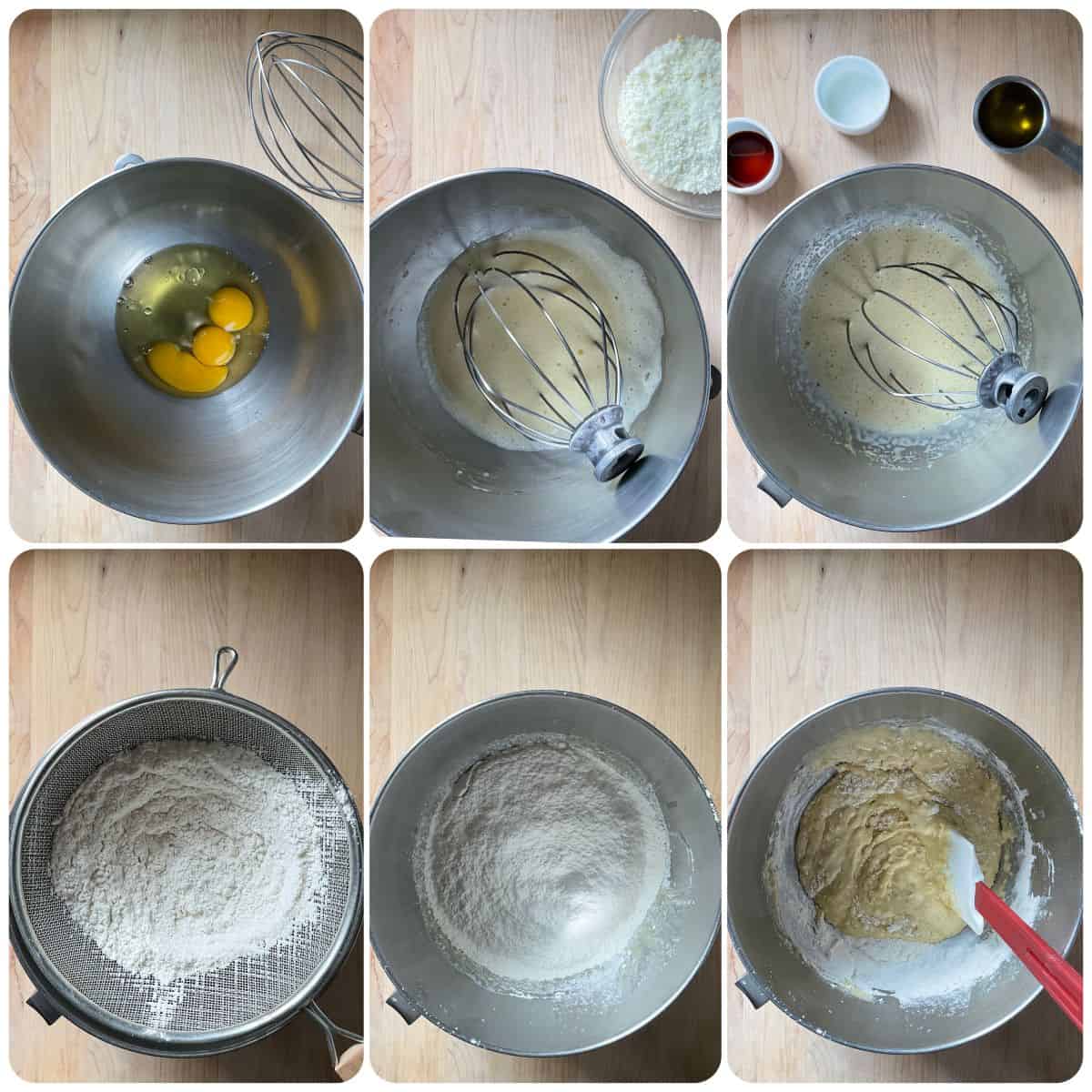 Process photos of the wet and dry ingredients being combined to make the lemon pizzelle.