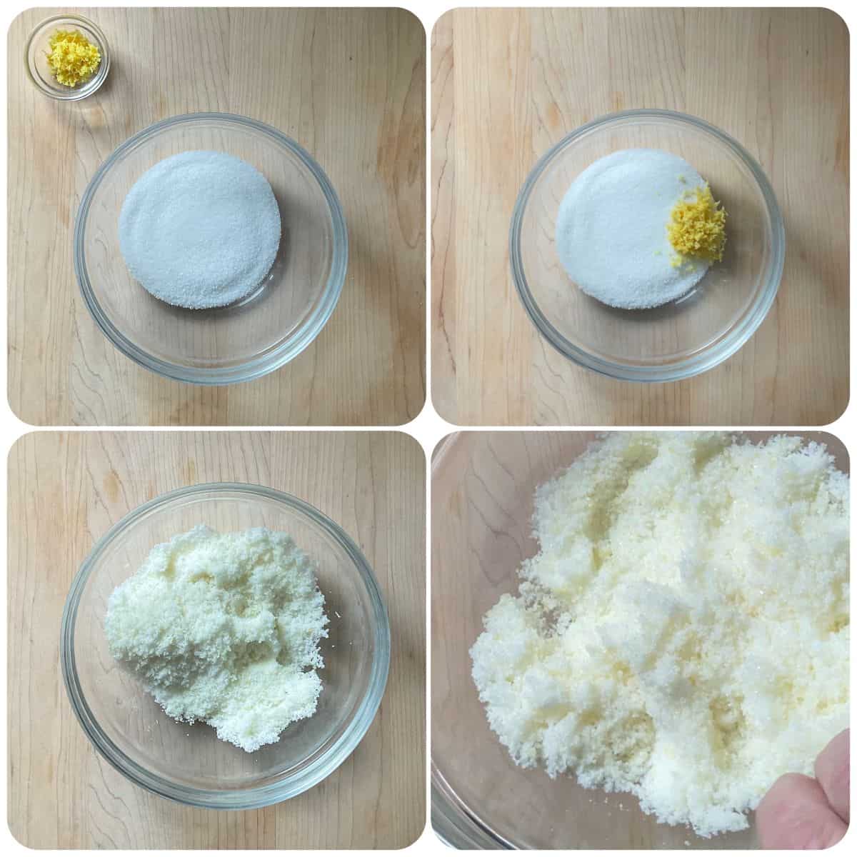 Photo collage of the lemon sugar in a bowl.