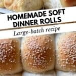 Freshly baked, golden soft dinner rolls garnished with sesame seeds.