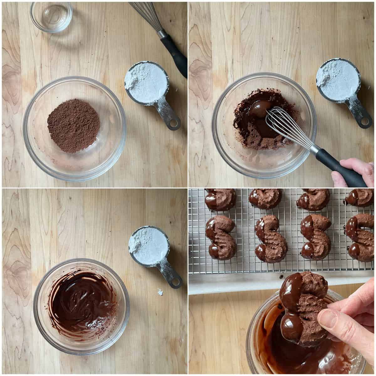 Photo collage showing ingredients for the icing, and finished glazed S cookies.