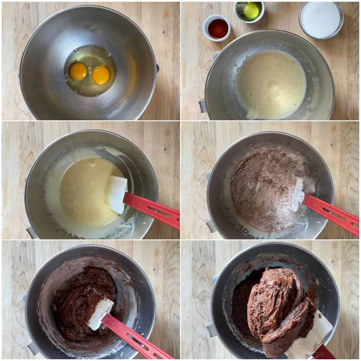 Photo collage of the wet and dry ingredients being combined to make Chocolate S Cookies .