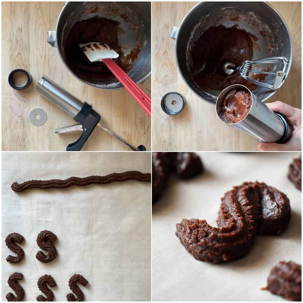 A photo collage of shaping S cookies using a churros maker.