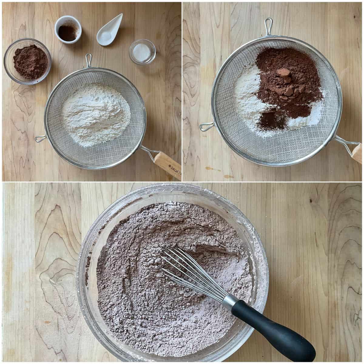 A photo collage of whisking the dry ingredients in a bowl.