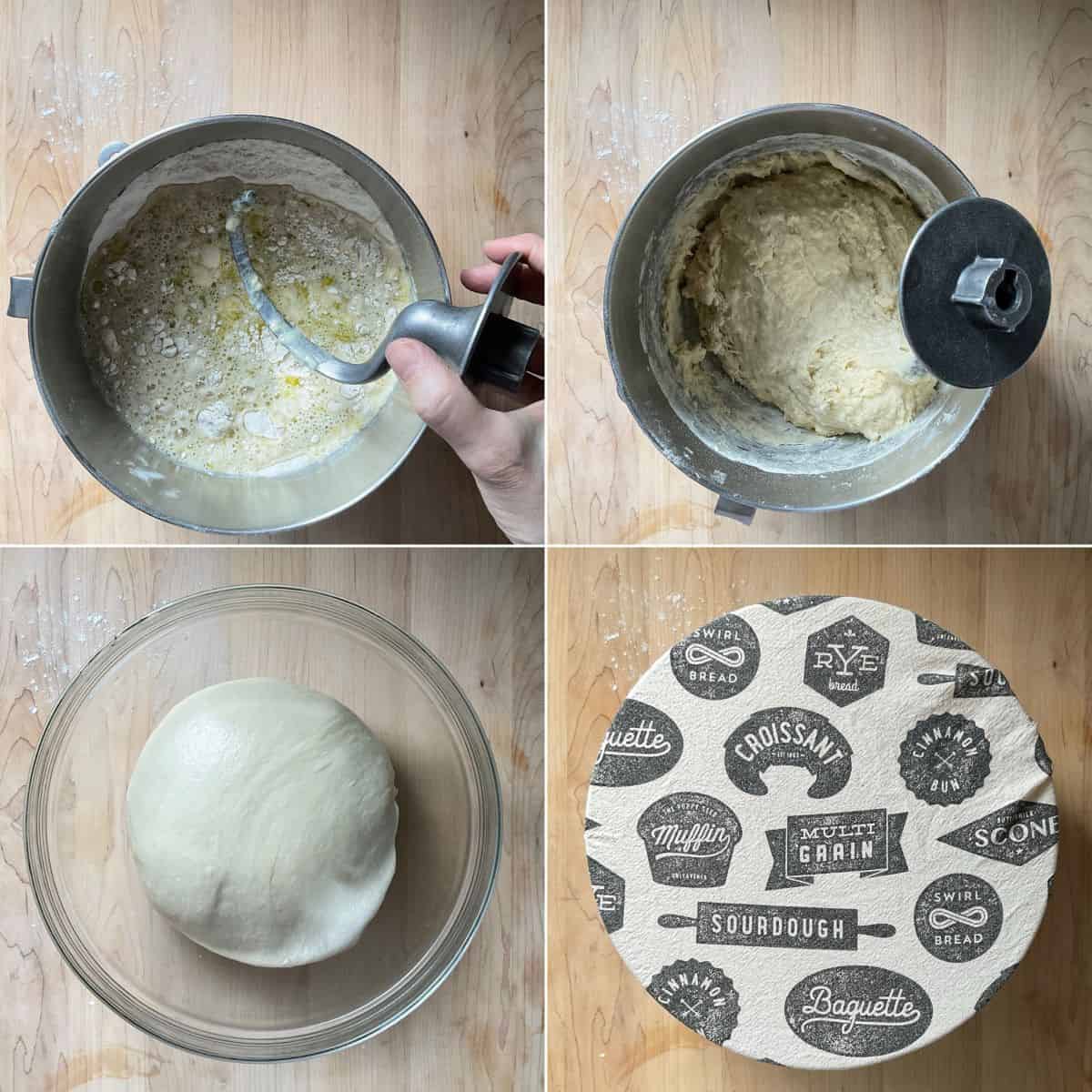Photo collage of the dough to make homemade dinner rolls being kneaded in a bowl until smooth and elastic.
