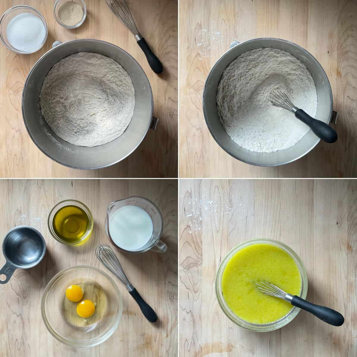 Photo collage of the wet and dry ingredients being combined.