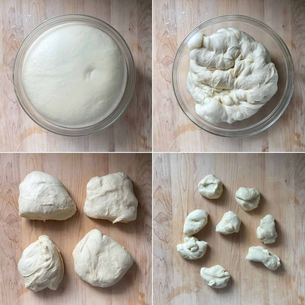 Photo collage of separating the yeast dough into small sections.