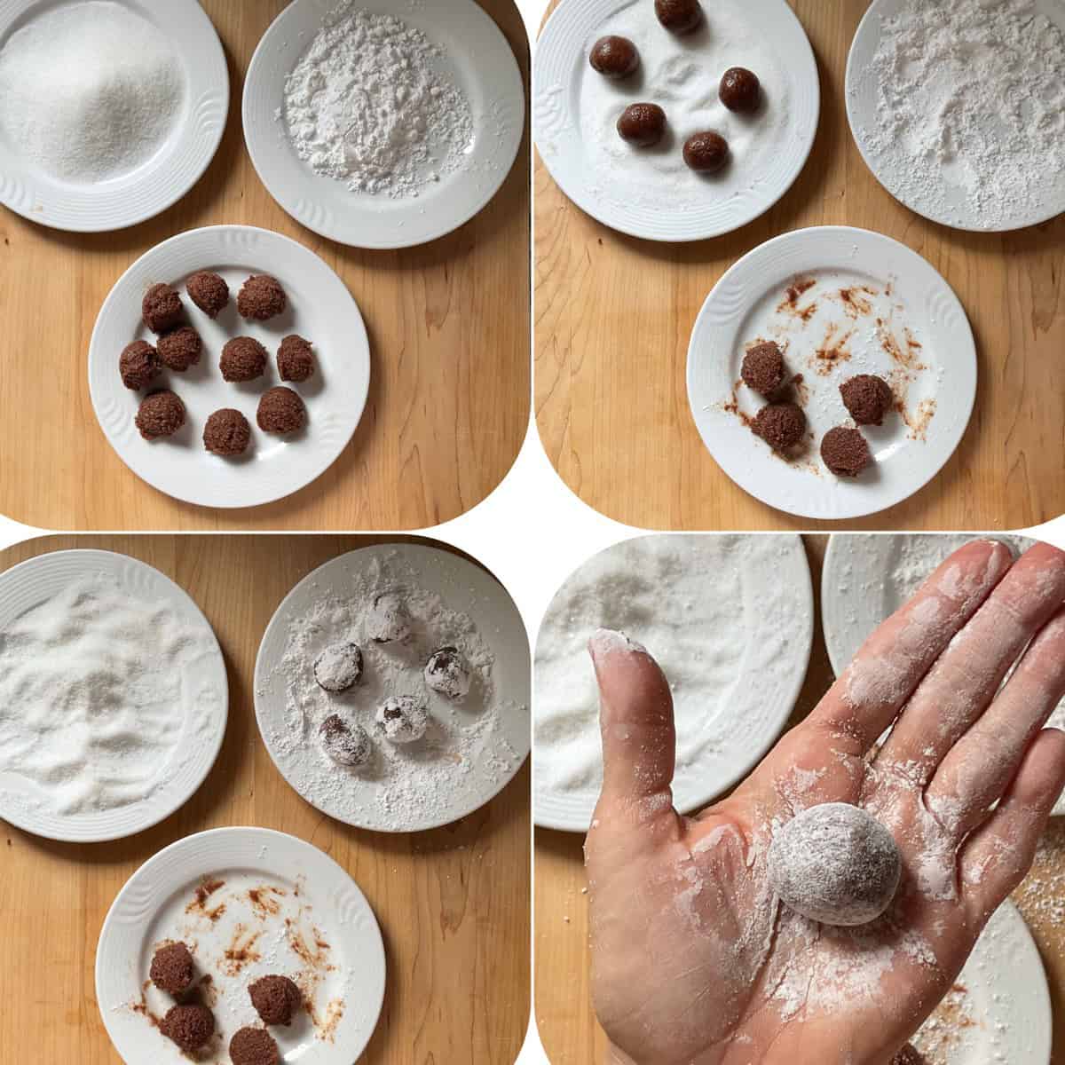 Rolling the amaretti dough in granulated and powdered sugar