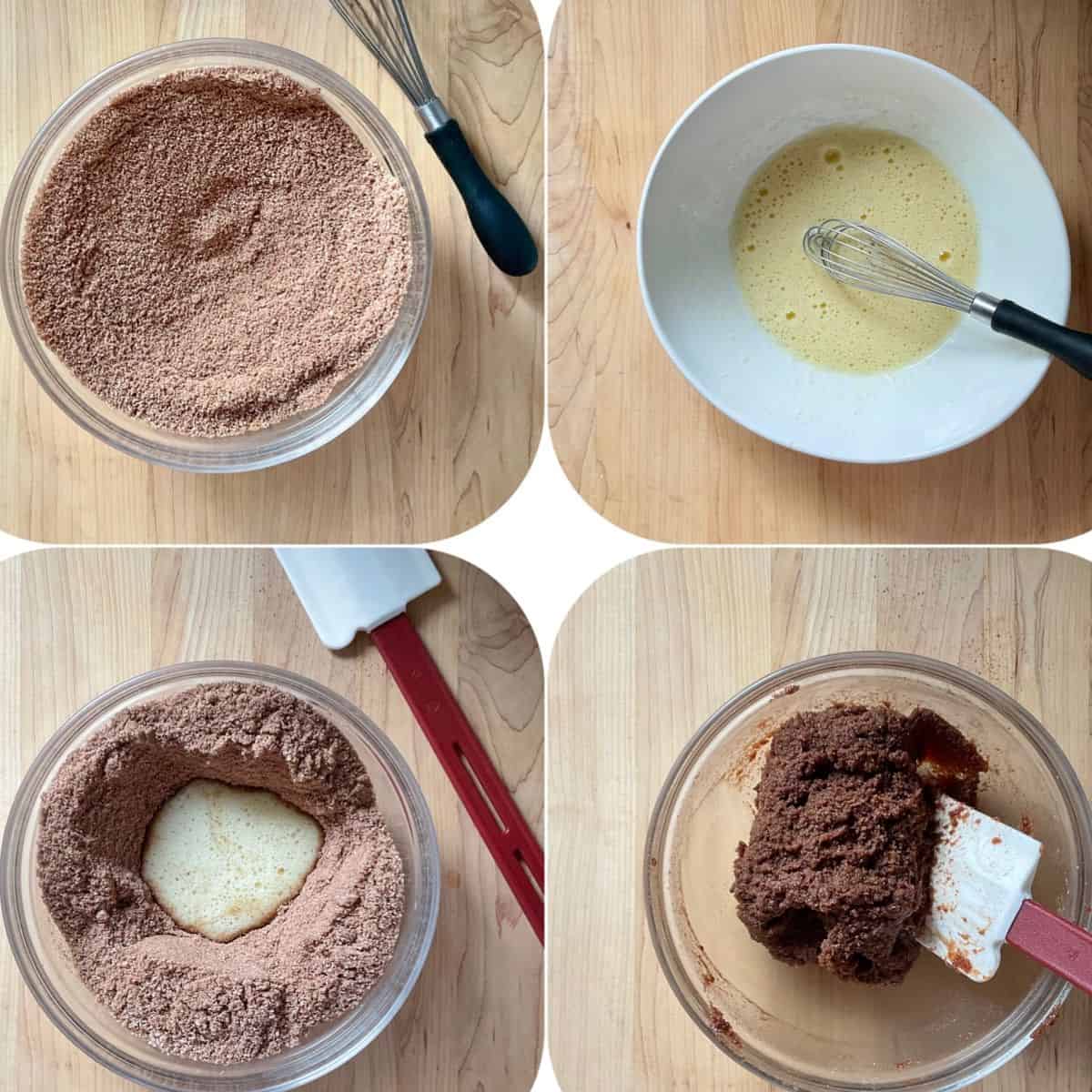 Dry and wet ingredients are being combined to make the cookie dough